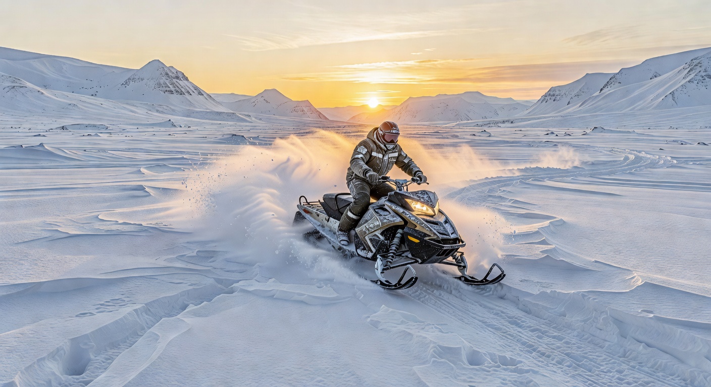 A person riding a snowmobile through extreme snowy terrain in Lapland