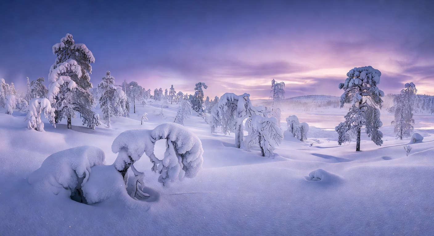 Beautiful landscape of snowy trees in Lapland