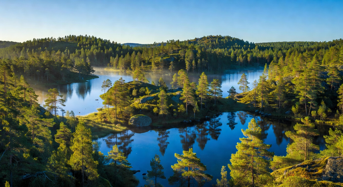 Stunning view of a vast calm lake surrounded by deep green pine forests in Finland