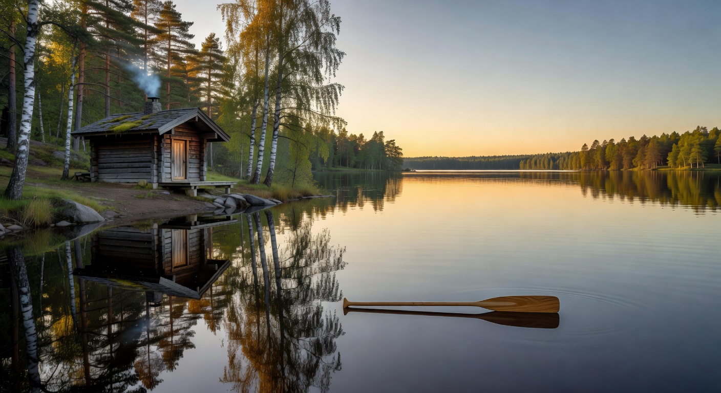 Calm summer evening on a peaceful Finnish lake reflecting the colorful sky
