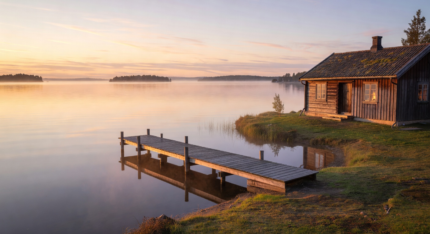 Cozy house next to a small wooden pier leading into a vast lake