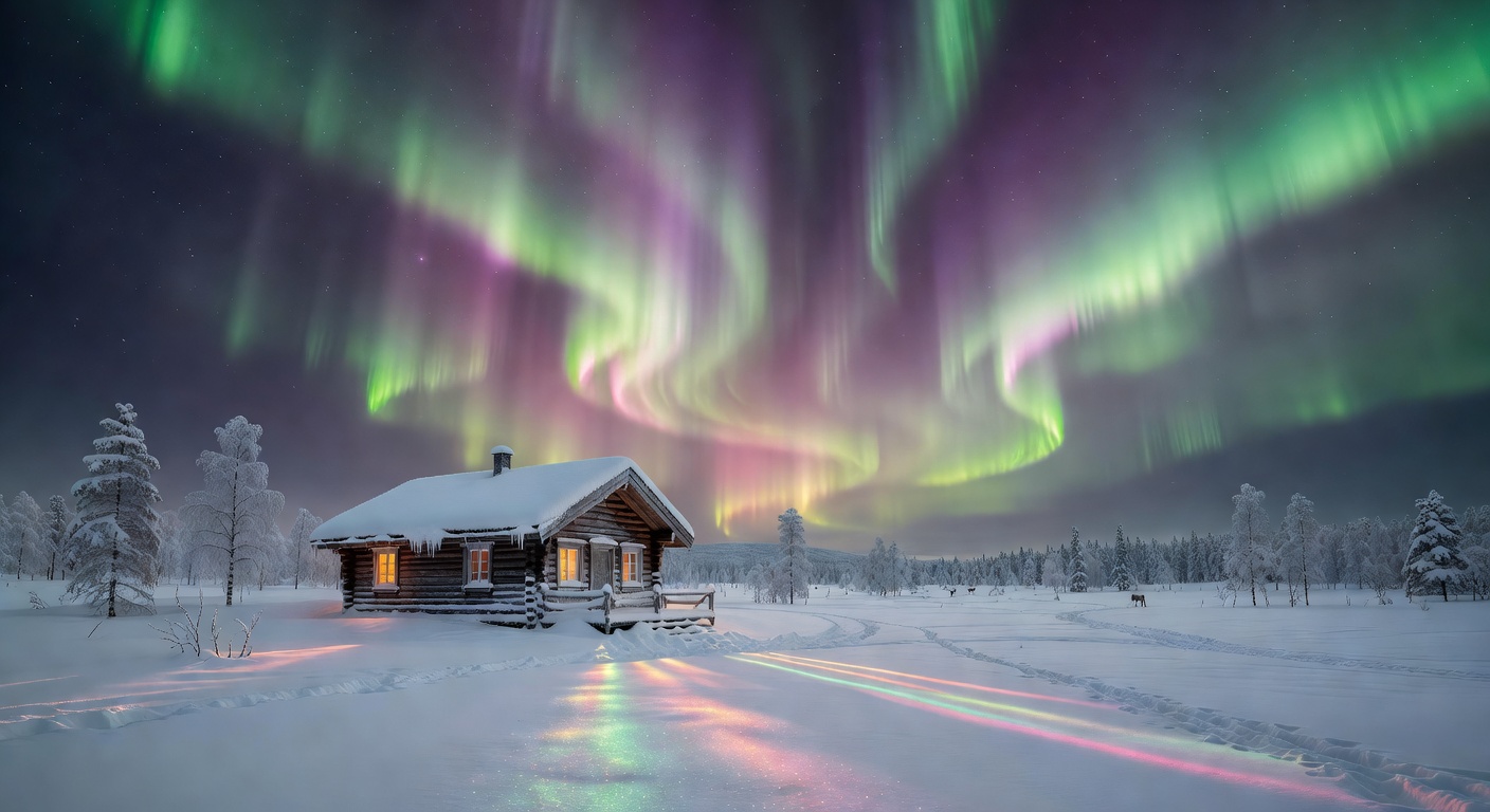 Cozy wooden cabin covered in snow under the magical aurora borealis in Lapland