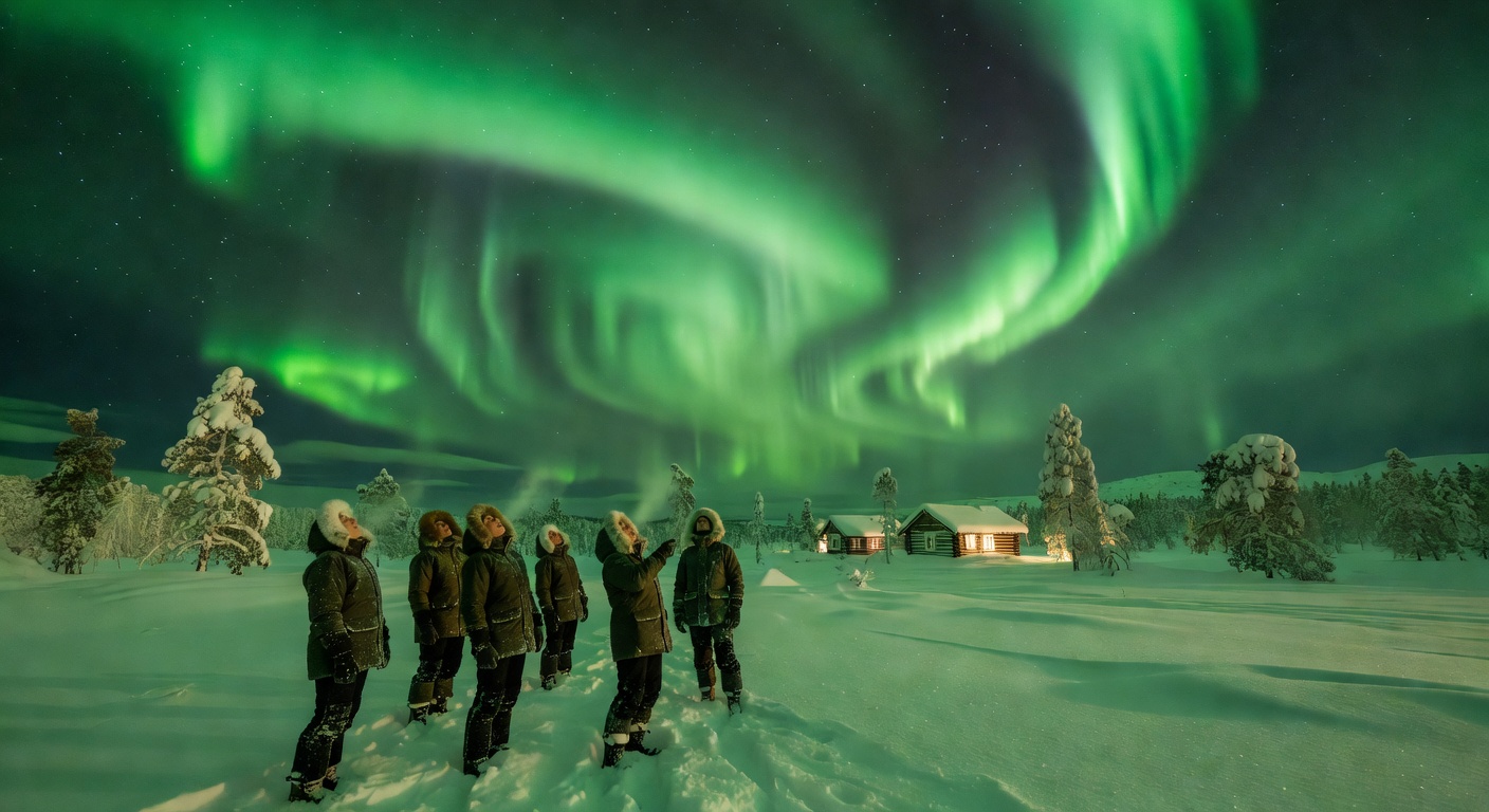 Green aurora borealis lighting up the night sky over a snow-covered forest