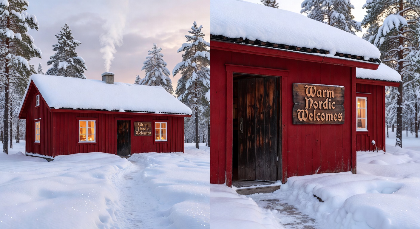 Inviting warm traditional red Finnish cabin in winter