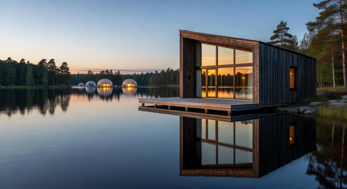 Modern lakeside cabin reflecting on calm water