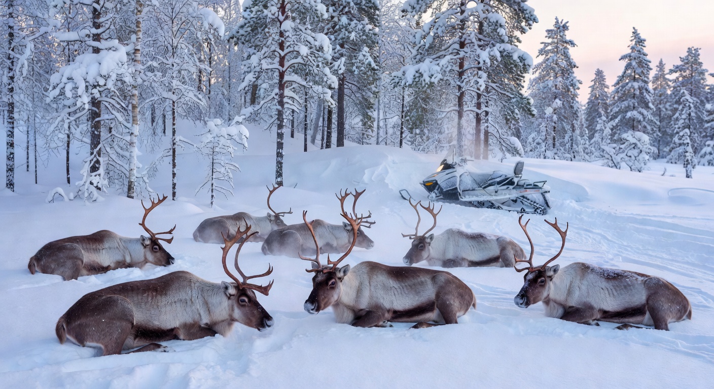 Reindeer resting in the snowy forest of Lapland
