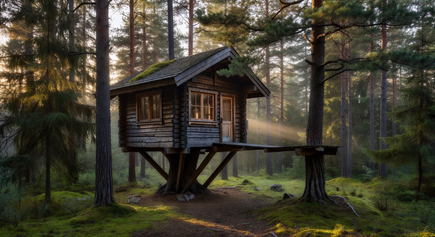 Secluded wooden treehouse hideaway deep in a pine forest