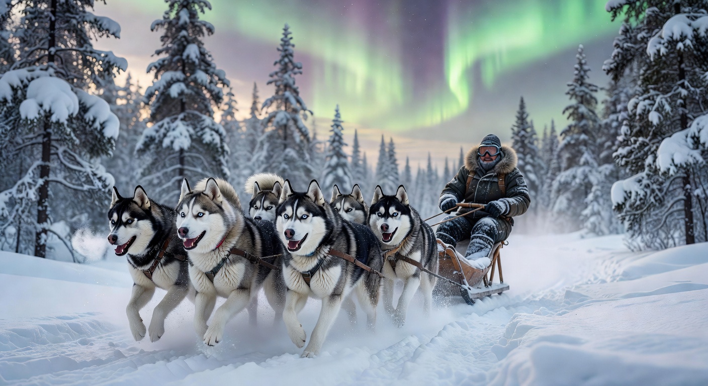 Siberian huskies pulling a sled through a beautiful snowy trail