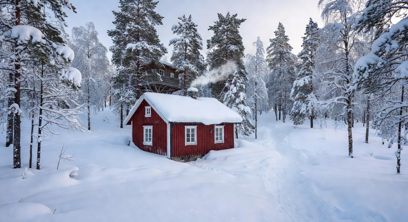 Small traditional red cottage surrounded by thick snow in Finland